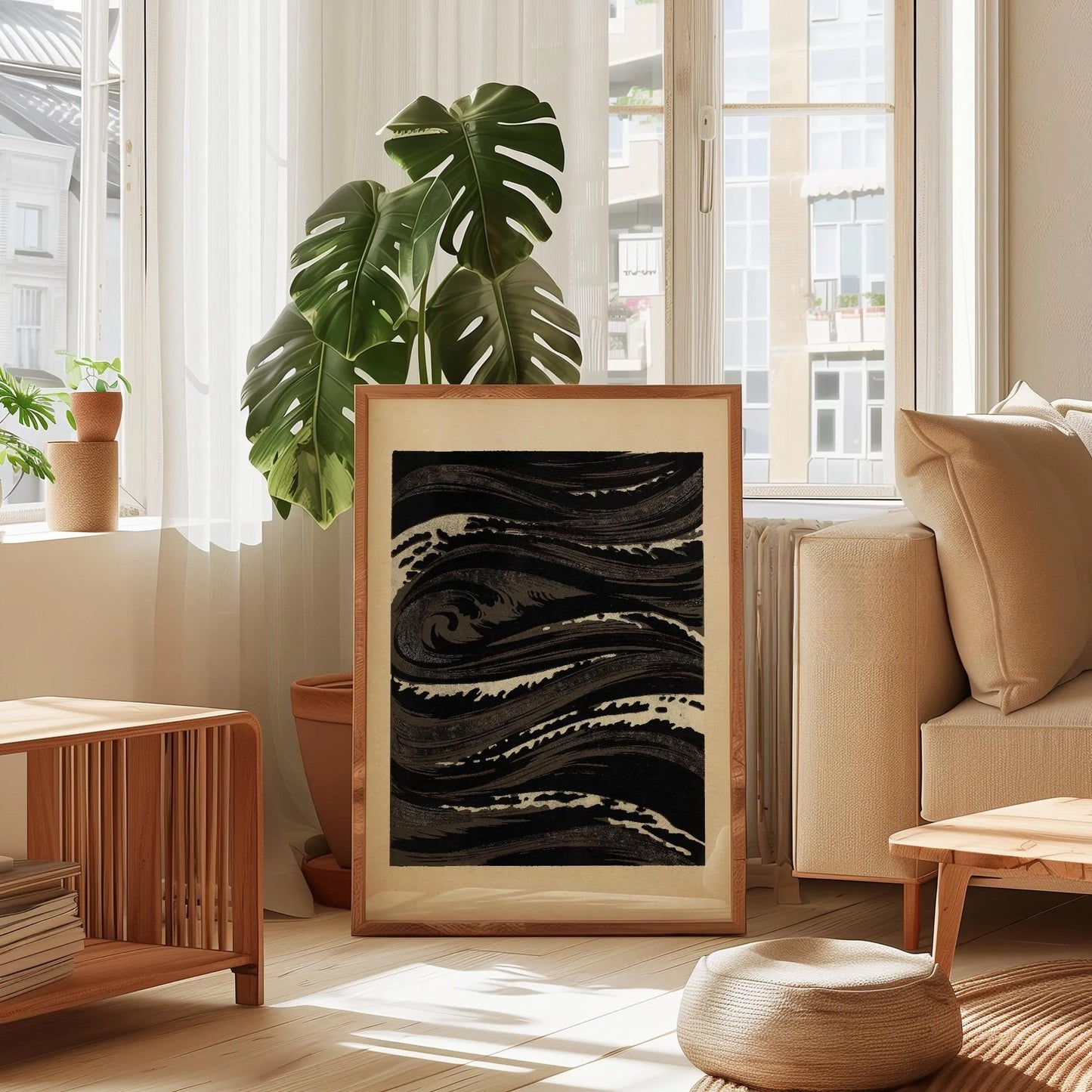 Black Wave Print, Japanese Style Ocean Wall Art, Dark Abstract Sea