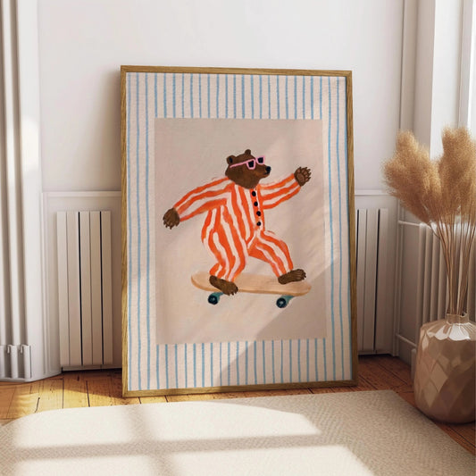 Skateboarding Bear Wall Art, Quirky Animal Oil Painting Print