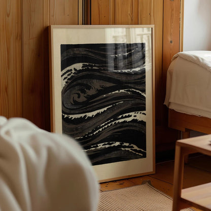 Black Wave Print, Japanese Style Ocean Wall Art, Dark Abstract Sea