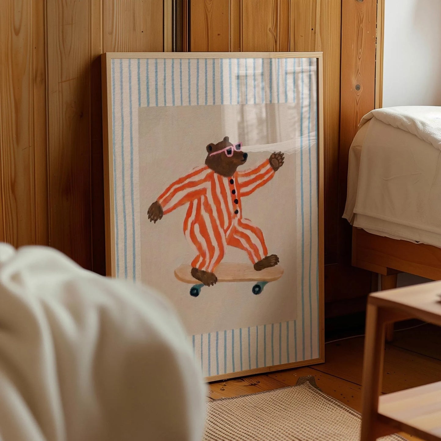 Skateboarding Bear Wall Art, Quirky Animal Oil Painting Print