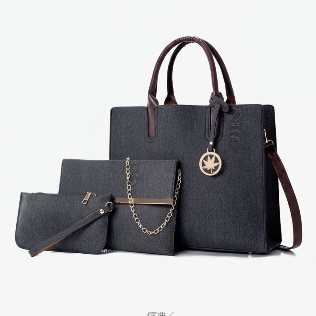 Shardeco Women's 3-Piece PU Leather Handbag Set including a shoulder tote bag, crossbody bag, and matching wallet with stylish stitching and spacious compartments