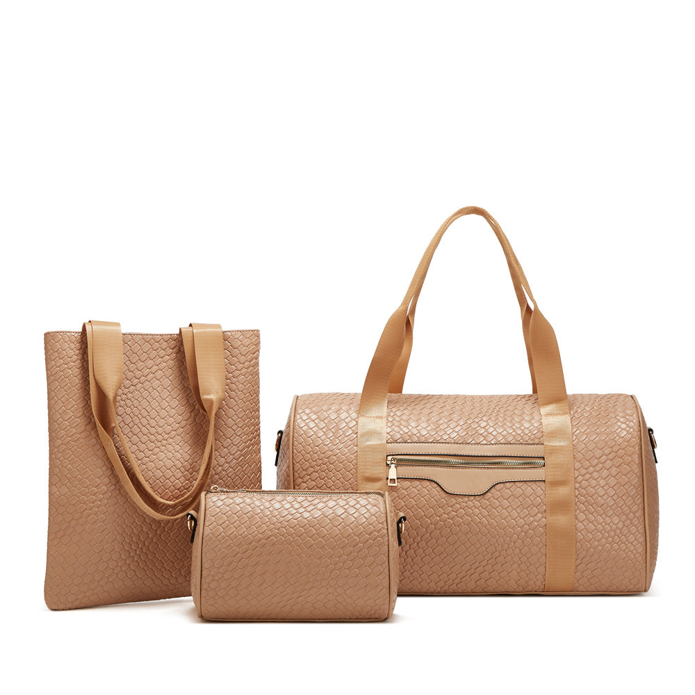 Women's Casual Travel Handbag 3-Piece Set made from premium PU leather with woven design, large 36–55L capacity, ideal for travel, gym, business trips, and weekend getaways by Shardeco.