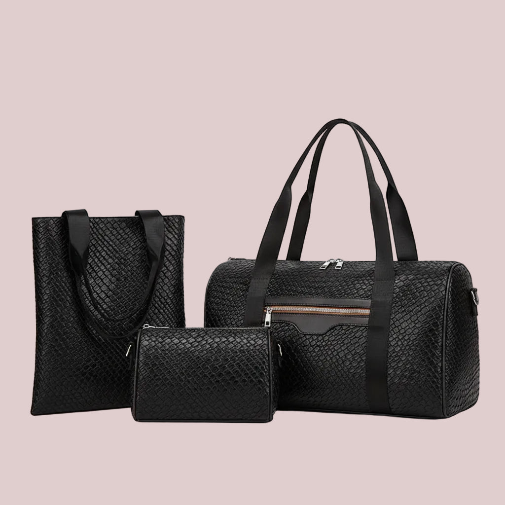 Women's Casual Travel Handbag 3-Piece Set made from premium PU leather with woven design, large 36–55L capacity, ideal for travel, gym, business trips, and weekend getaways by Shardeco.