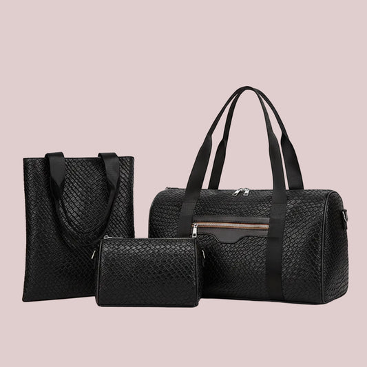 Women's Casual Travel Handbag 3-Piece Set made from premium PU leather with woven design, large 36–55L capacity, ideal for travel, gym, business trips, and weekend getaways by Shardeco.