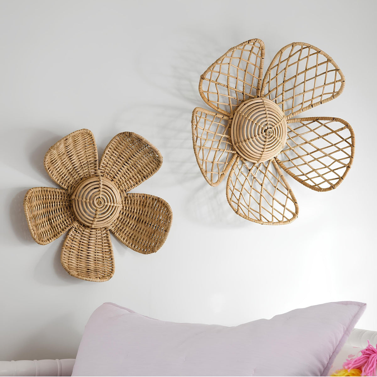 Woven Rattan Flower Wall Decor – Boho Floral Wall Hanging Set
