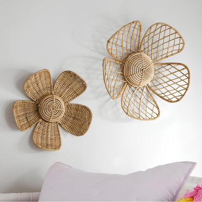 Woven Rattan Flower Wall Decor – Boho Floral Wall Hanging Set